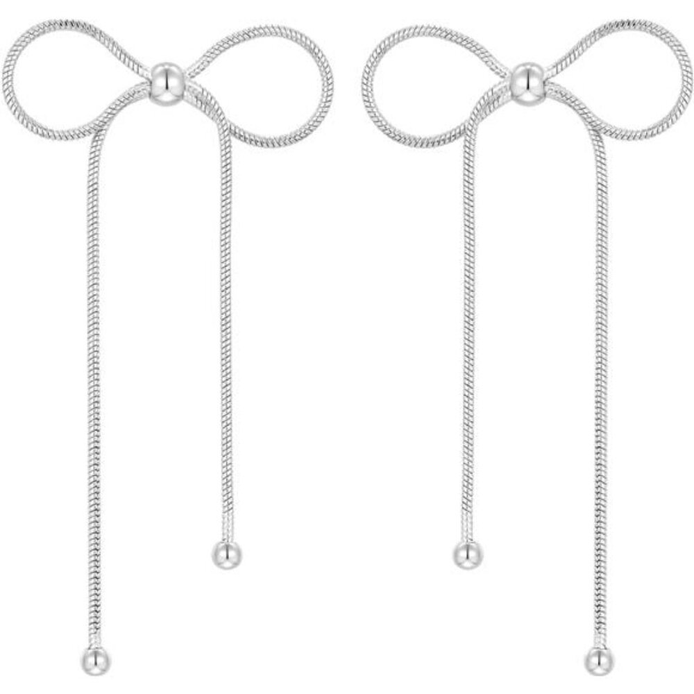 Silver Bow Earrings – White Gold Plated, Dangle Tassel Design